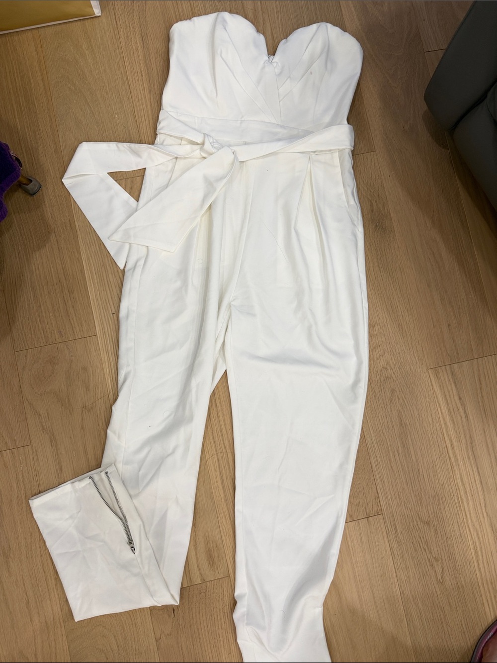 TFNC Strapless White Sweetheart Jumpsuit with Waist Tie